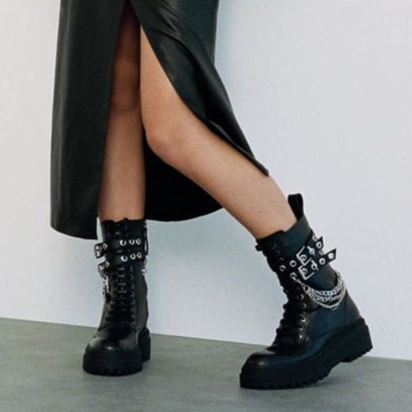 Zara Shoes - Zara Leather Platform  Black Combat Boots With Removable Chain Size 9 NWT